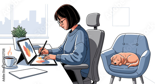 Focused Female Artist with Bob Haircut, Glasses, and Blue Sweater, Digitally Painting on Tablet
