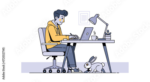 Focused Young Man Working on Laptop with a Curious Rabbit Nearby