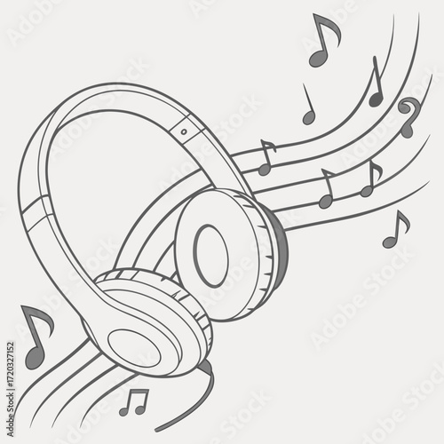 Illustration of a headphone with music note, depicts listening to music, enjoying audio, and the world of sound and entertainment