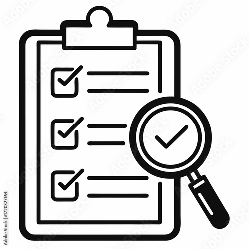 Define Icon – Clipboard with Checklist and Magnifying Glass