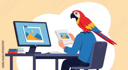 Professional working at desk with a vibrant red and blue macaw parrot on shoulder, reviewing images.
