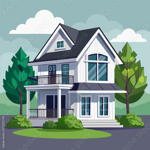 Modern Two-Story House with Balcony and Gabled Roof