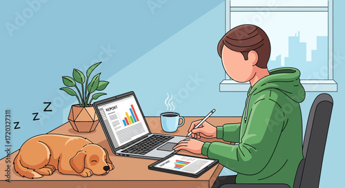 Man in green hoodie working from home with a laptop and a cute sleeping puppy on the desk.