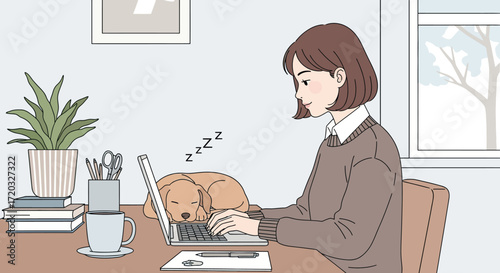 Illustrated woman with short brown hair typing on laptop, a cute light brown puppy sleeping soundly on the keyboard.