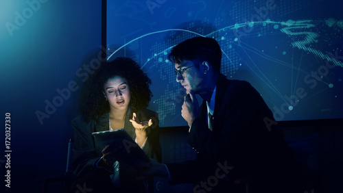 Business team discussing and using technology artificial intelligence with digital Ai assistant. Futuristic innovation AI technology collaboration and ideas for future. Business Tech Startup meeting.