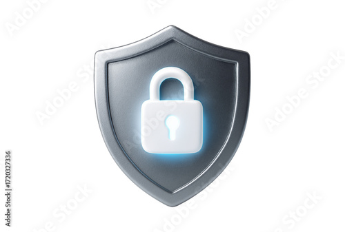 A shiny silver shield with a white glowing padlock in the center on a plain white background view