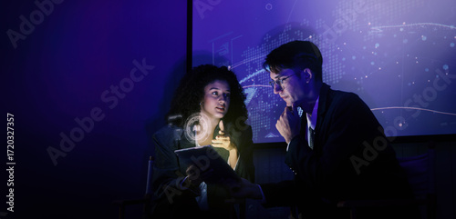 Business team discussing and using technology artificial intelligence with digital Ai assistant. Futuristic innovation AI technology collaboration and ideas for future. Business Tech Startup meeting.