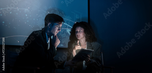 Business team discussing and using technology artificial intelligence with digital Ai assistant. Futuristic innovation AI technology collaboration and ideas for future. Business Tech Startup meeting.