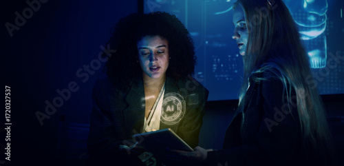 Business team discussing and using technology artificial intelligence with digital Ai assistant. Futuristic innovation AI technology collaboration and ideas for future. Business Tech Startup meeting.