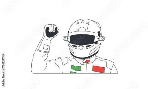 Racing Driver in White Helmet and Suit, Fist Raised in Victory.