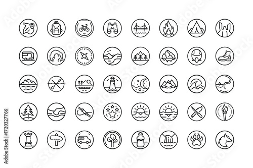 Vector art of diverse set of handdrawn outline icons depicting outdoor activities, travel, and nature elements, isolated a for versatile use