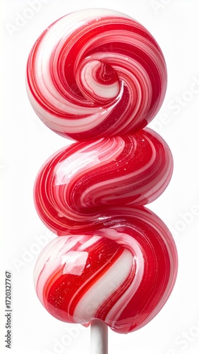 Stacked Red And White Swirl Lollipops on White Stick in Vertical Arrangement