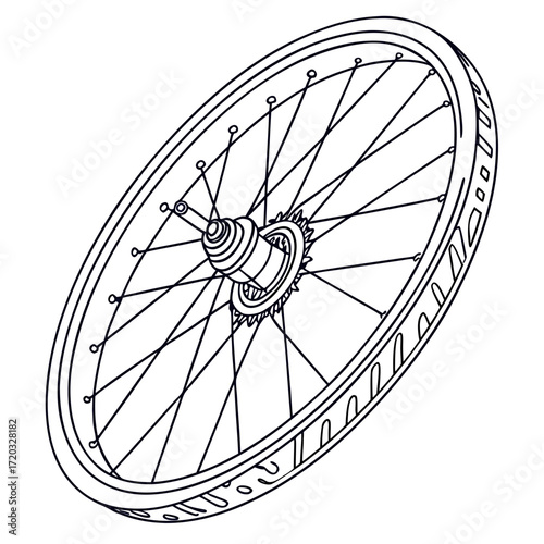 Vector art of a detailed line art illustration of a bicycle wheel, showcasing its intricate spoke pattern, tire tread, and central hub, perfect for technical diagrams or cyclingthemed designs