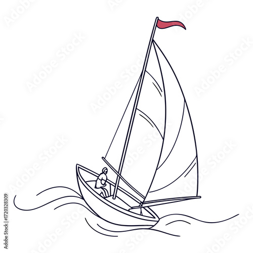 Vector art of a minimalist sailboat illustration with a sailor, capturing the essence of a solo voyage and the tranquility of the sea, perfect for travel blogs, nautical designs, or simple artwork