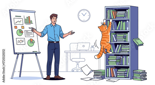 Orange Tabby Cat Climbing a Tall Bookshelf in an Office