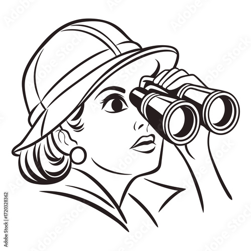 Vector art of a retro cartoon illustration of a woman wearing a pith helmet and holding binoculars, looking off to the side with a curious expression on her face, in black and white