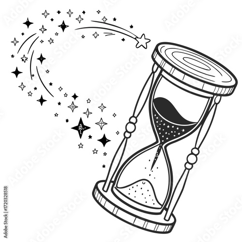 Vector art of a stylized hourglass with sand flowing and a trail of stars, , symbolizing the passage of time, magic, and the fleeting nature of moments