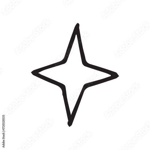 Four-pointed star hand drawn in black and white for decorative accents. Vector hand drawn illustration for postcards, logo, stikers, polygraphy and social media. Not AI