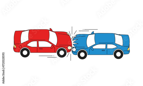 Red and blue cartoon cars in a head-on collision, showing crumpled fronts and impact lines.