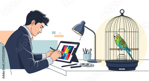A focused young man in a dark suit drawing a colorful abstract artwork on a digital tablet with a stylus.