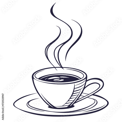Vector art of elegant handdrawn illustration of a steaming cup of coffee on a saucer, perfect for cafe menus, coffee shop promotions, or illustrating the simple pleasure of a hot beverage