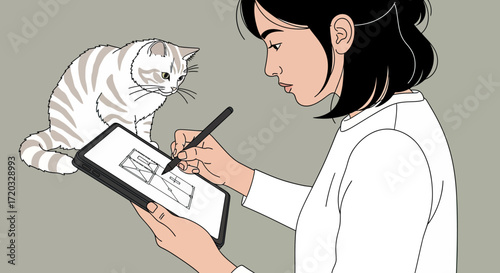 Woman Drawing on Tablet with Stylus Pen, Cat Watching Nearby