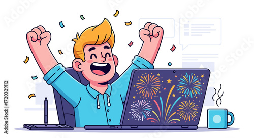 Joyful cartoon man with blonde hair celebrating success, arms raised, looking at laptop with fireworks.