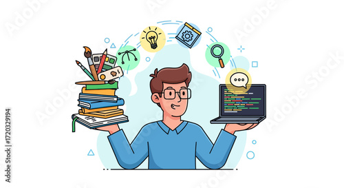 Cartoon Man Balancing Books, Laptop, and Creative Ideas