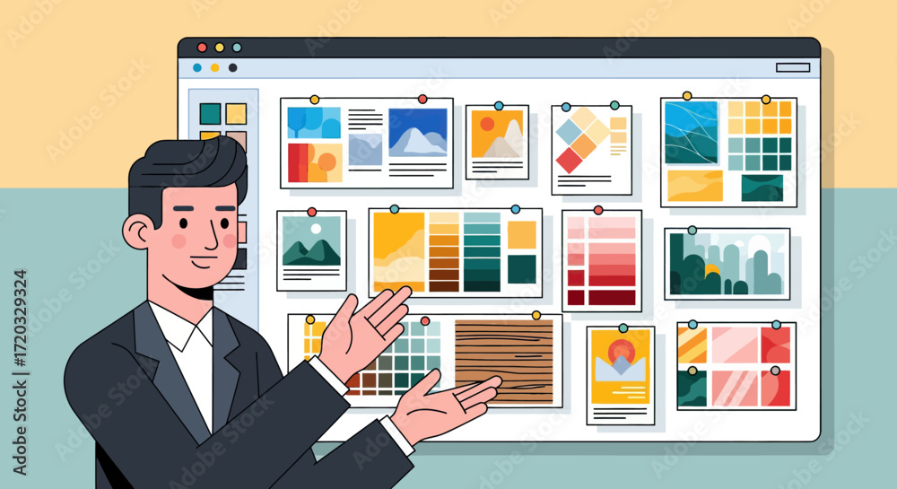 Fototapeta premium Businessman Presenting Design Mood Board with Color Palettes and Graphic Elements