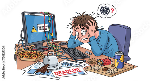 Stressed cartoon man panicking at a messy desk with a crashed computer and a looming deadline.