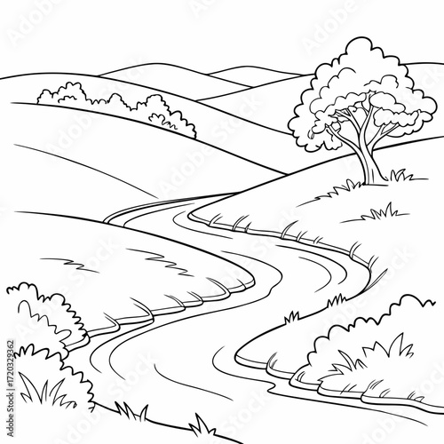 Vector art of line art illustration of a winding river flowing through a serene landscape, featuring rolling hills, lush trees, and meandering stream, ideal for coloring pages