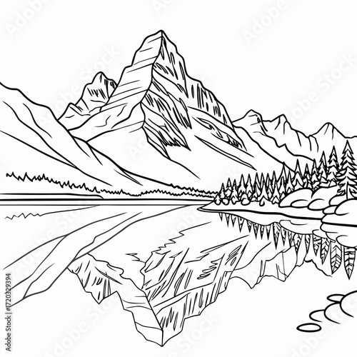 Vector art of majestic mountain range reflecting in a pristine lake, surrounded by dense forest and rocky shores, ideal for coloring pages and scenic illustrations