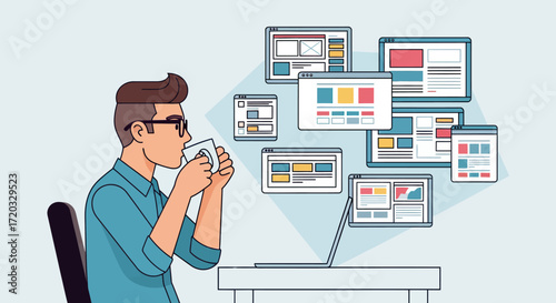 Stylish flat design man in glasses drinking coffee, working on laptop with floating web pages.
