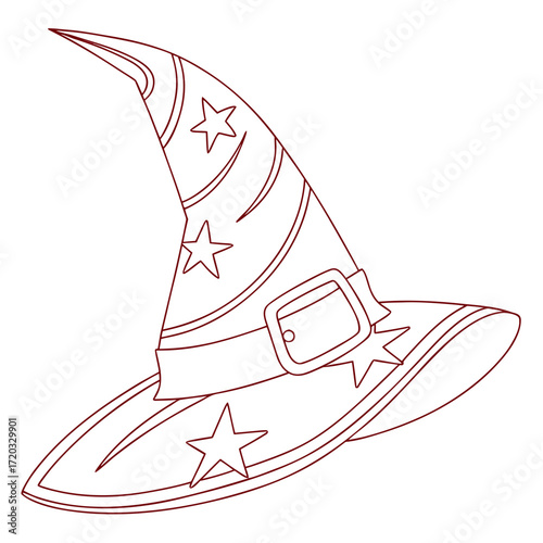 Vector art of whimsical line art illustration of a witch hat adorned with stars and a decorative buckle, , evoking a sense of magic and enchantment for halloween