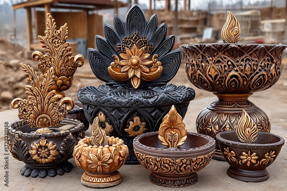 Obraz premium Handcrafted clay diya bowls with carvings high resolution picture