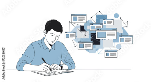 Young man diligently writing in notebook with digital interface concept