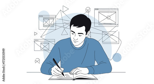 Illustrated young man in blue sweater writing intently in an open book with a pen.