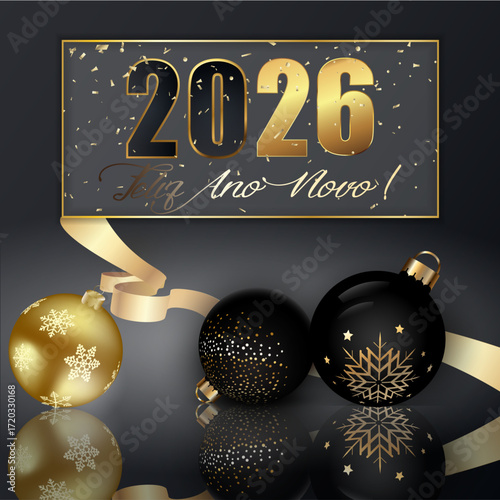 Cartão ou faixa para desejar um feliz ano novo de 2026 em dourado e preto, dentro de um retângulo dourado adornado com confettis dourados sobre um fundo preto com enfeites de Natal pretos e dourados.