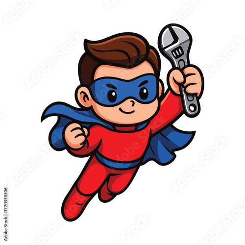 Cute super mechanic hero or plumber superhero holding a wrench or spanner