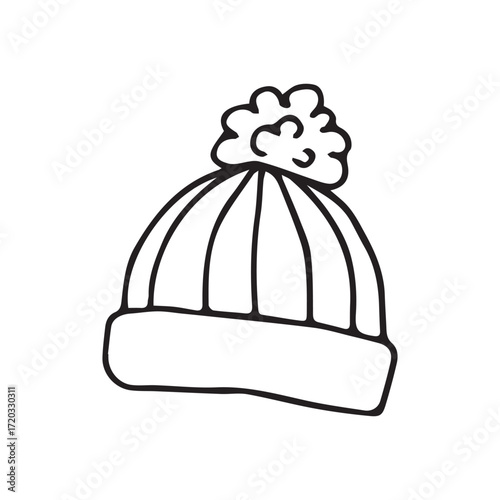 Winter hat with pom-pom in hand-drawn style in black and white for seasonal apparel. Vector hand drawn illustration for postcards, logo, stikers, polygraphy and social media. Not AI