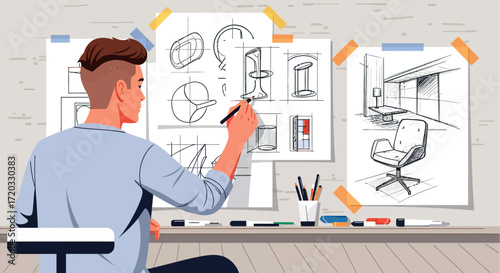 Designer sketching furniture concepts on wall-mounted papers with focus