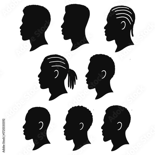 Set of silhouette afro boy. Collection of black man face with stylized hairstyle. Vector illustration of boy head with stylized haircut