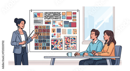 Female designer presenting a brand identity mood board with typography and color palettes to two clients.