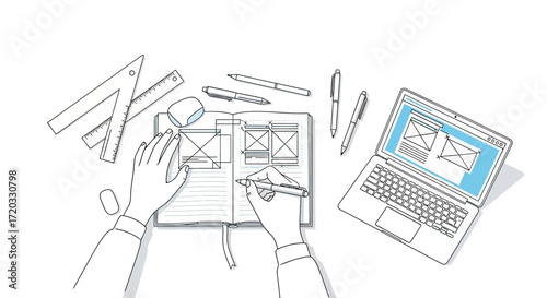 Hand-drawn Web Design Sketchbook with Laptop and Pens Illustration