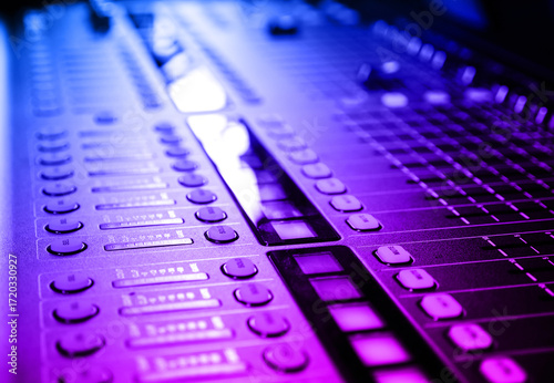 Sound audio mixer at record studio. Neon gradient tone