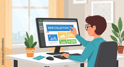 Person Interacting with Computer Displaying "New Collection" Website Design