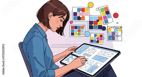 Focused female designer illustrating UI/UX wireframes on a digital tablet, surrounded by colorful design elements.