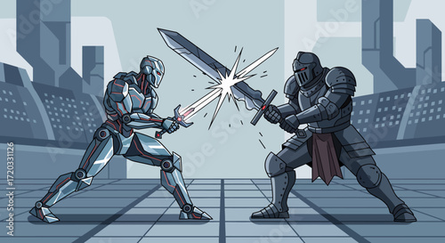 Futuristic Robot and Medieval Knight Clash Swords in Epic Battle