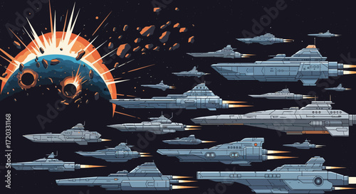 Fleet of Futuristic Spaceships in Formation, Escaping Exploding Planet