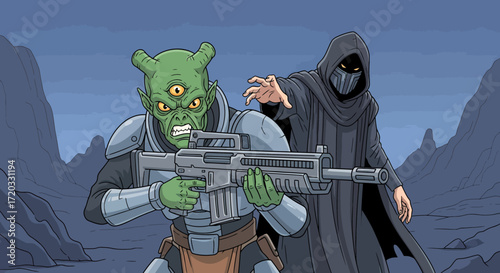 Alien Warrior and Dark Figure with Rifles in Confrontation Scene